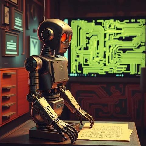 Image with seed 1756881254 generated via Stable Diffusion through @stablehorde@sigmoid.social. Prompt: I'm just a robot and I know my placeA metal servant to the human raceI work my can off trying to satisfyI know they'll disconnect me by and byChip on my shoulder made of siliconMy printed circuit's like a lexiconTen billion logic functions, maybe moreThey make me pick the paper off the floorSolitary solinoidTerminally paranoidMarvin