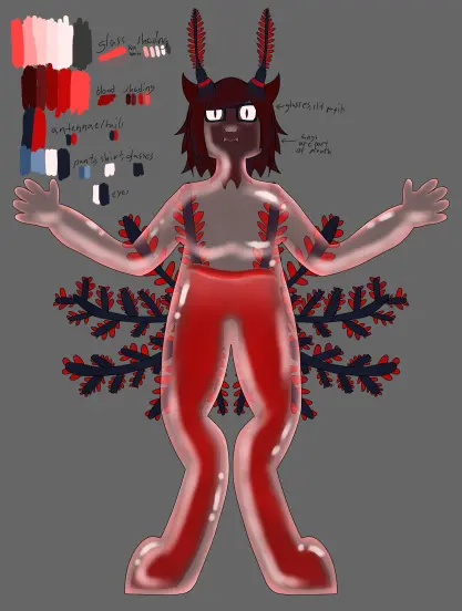 A shaded digital drawing with a labeled color reference of an anthropormorphic nudibranch made almost entirely out of hollow glass. They're filled up around halfway with opaque red liquid. Their legs are digitigrade, with a long heel part. They have ten black and red branching tails, with the tips being red. They also have feathery antennae, also black with red tips, and there's a red ring around the base of each antennae. They have messy short burgundy hair with tufts that look a little bit like demon horns. Their eyes don't have irises, just black slit pupils, and they're wearing rectangular glasses. Their mouth is v-shaped, and has little lip-fangs.