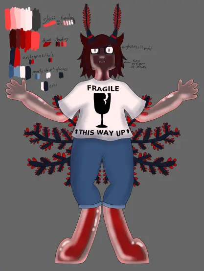 The same image as the other, but with clothing added on top, they're wearing a white t-shirt that says "FRAGILE / THIS WAY UP" with a pictogram of a cracked wine glass and arrows pointing up, and rolled-up blue jeans.