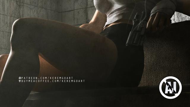 close up detail of a female character with a smoking gun in her hand after an obvious struggle