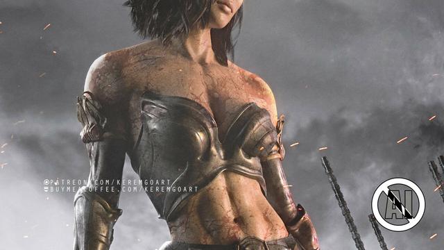 close up of a female warrior with revealing yet battered and gritty armor with some blood on her skin - inspired by Zack Snyder's Wonder Woman