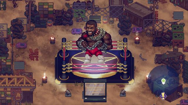 The image is a screenshot from the game WrestleQuest. It features an in-game wrestling match set within a circus tent. In the foreground, theres a character with a red cape standing over a defeated opponent, both figures are depicted in stylized pixel art typical of retro games. The characters appear to be celebrating their victory with one hand raised and the other holding a championship belt aloft. Theres also a WRESTLEQUEST sign visible in the scene, indicating that this is a promotional event within the game universe.
