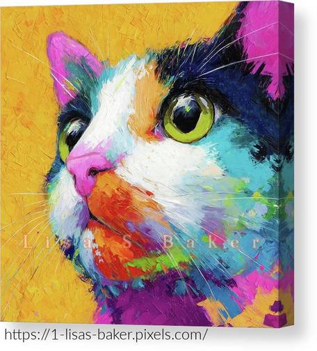 Pop Goes The Cat / Cat Art by Lisa S Baker. A vividly colored cat gazes upward, with its fur displaying a spectrum of bright blues, pinks, and oranges against a striking yellow background. The expressive eyes and bold use of color create a lively and energetic composition