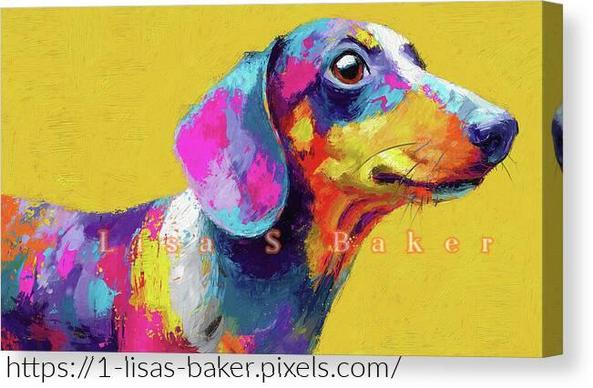 Pop Goes The Doxie / Dog Art by Lisa S Baker. Vibrant colors burst across the depiction of a dachshund set against a bright yellow background, creating a lively and eye-catching composition. Bold shades of purple, blue, pink, and orange highlight the dog's features, adding a playful and energetic feel.