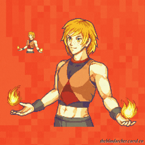 A 16 bit pixel art half-body of a young man with fair skin, yellowish-orange hair, golden eyes, and a lean physique.  His hair medium length and unkempt, with bright yellow tips.  There are freckles on his face just below his eyes.  He wears an orange and red tank-top over a black midriff shirt, black wristbands, and brown shorts.  His arms are spread with his palms up, and fireballs float over his palms.  The art is of the recipients original character.