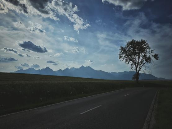 A wide-angle, eye-level shot captures a dark, empty road curving from the lower right to the center of the frame, leading towards a lone, silhouetted tree on the right side. To the left of the road, a dark field of crops extends towards a range of dark, jagged mountains under a dramatic sky filled with scattered white and grey clouds.