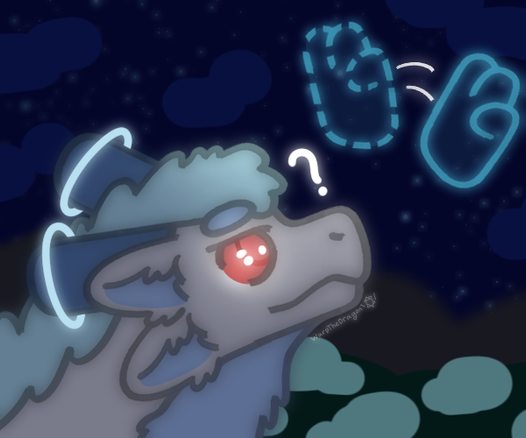 a drawing of a fluffy white dragon looking at a floating hand in confusion. it is trying to sign the word hello, but I don't think the dragon understands.