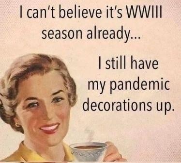 A burly, bearded man holding a mug of beer. Above him is captioned
I can’t believe it’s WW3 season already…
I still have my pandemic decorations up