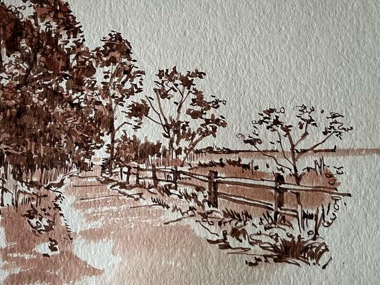 A pen and ink sketch in sepia tones depicts a rural landscape. On the left, a dense cluster of trees casts shadows onto a path that curves into the distance. A rustic wooden fence runs along the right side of the path, bordering a field with sparse vegetation. More trees are visible further back on the right, and the horizon line is faintly sketched in. The overall impression is one of peaceful countryside.

(Alt-text auto-generated.)
