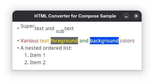 A screenshot of the sample app running on Compose desktop.
A sentence made of colored words is seen in the middle, matching the LGBT+ flag colors.