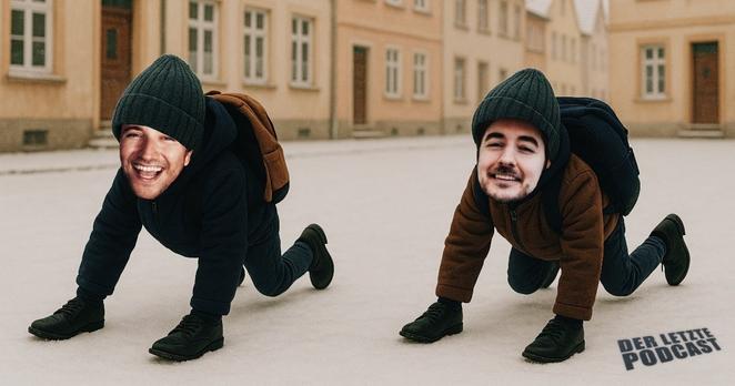 Satirische Darstellung von Daniel Pook auf allen Vieren mit jeweils einem Schuh an beiden Händen und Füßen. Er kriecht so durch den Schnee in einer Kleinstadt. K.I.-generiertes Banner von "Der Letzte Podcast" Folge 517.