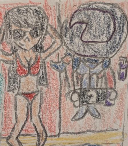 Color pencil drawing of two women. On the left, Kagura Hinagiku, a human woman, lays on a towel in a red bikini and sunglasses. Next to her, Azusa Riyo, a Pantoran woman from Star Wars, huddles under a large hat in a pink bikini and plays her Nintendo Switch 2 with a drink by her side.