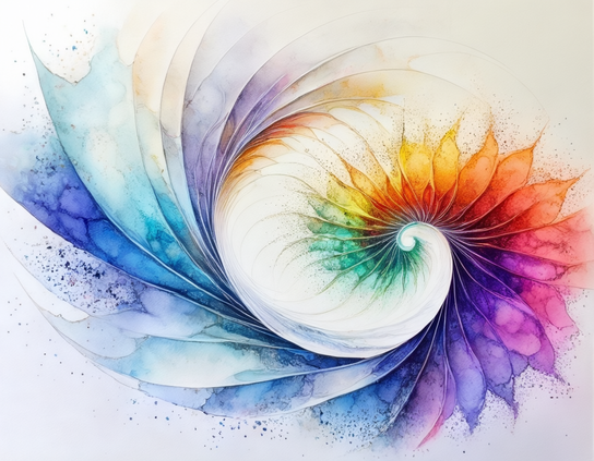 Playful, gestural, vibrant fractal spiral in loosely rainbow hues, flowing outward in petal-like layers over a white background. Watercolor style.