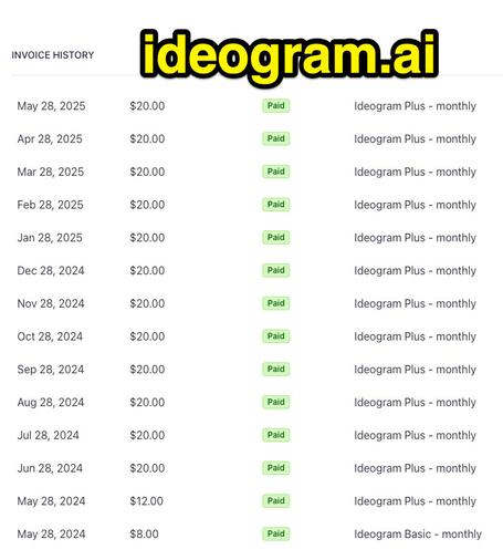 Screenshot of Ideogram.ai billing history showing a list of monthly subscription payments. The subscription changed from 'Ideogram Basic - monthly' at $8.00 on May 28, 2024, to 'Ideogram Plus - monthly' at $12.00 on May 28, 2024, and then to $20.00 starting June 28, 2024, continuing consistently through May 28, 2025. All payments are marked as 'Paid' with green labels. The Ideogram.ai logo is prominently displayed at the top in bold yellow and black text.