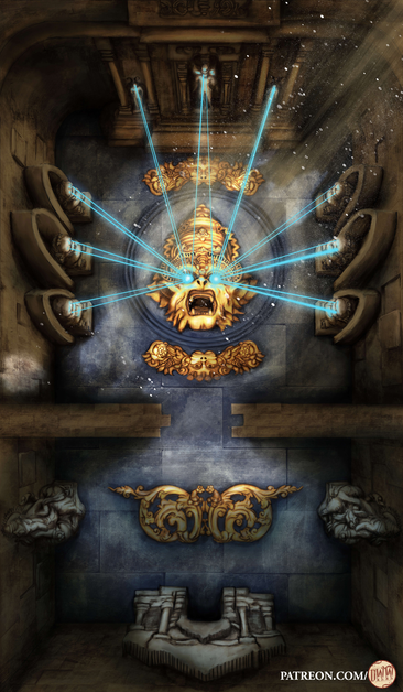 Ritual Temple Phased Battle Map phase by Domille's Wondrous Works. It features the interior of an ancient temple. A giant golden relief of a monkey king is on the floor, shooting lasers from its eyes.