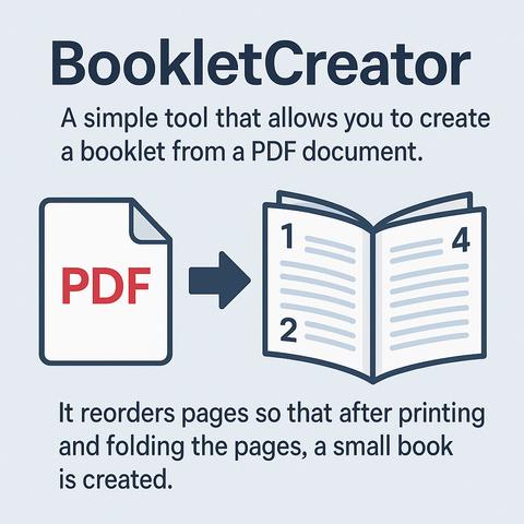 Graphic explaining BookletCreator, a tool that converts a PDF into a booklet. The image shows a PDF icon on the left, an arrow pointing right, and an open booklet with numbered pages (1, 4 on the right page and 2 on the left page). Text explains that the tool reorders pages so that after printing and folding, a small book is created.