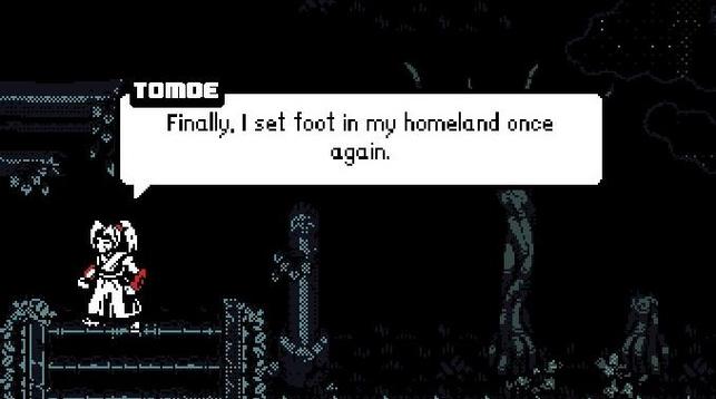 A partial screenshot from the pixel art indie game Bloodless (Point N' Sheep, 2024). The main character Tomoe stands at the top of a staircase and says, "Finally, I set foot in my homeland once again." Because of the scaling used, some of the pixels in the text look "fatter" than others.
