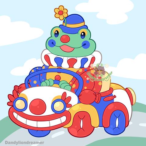 a silly clown frog driving a clown car on the road, hes wearing a bowler hat with a flower on it, and colored red yellow blue and white, the car is also colored similarly