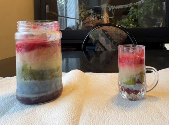 A large glass jar on the left, and a small, clear glass mug on the right, both filled with frozen rainbow smoothie. Colors progress downward in more-or-less even layers from red at the top to purple on the bottom. Both containers rest on a white paper towel on a dark table. A black chair with a patterned cushion and Best Boy’s plant-filled enclosure are visible beyond the beverages.