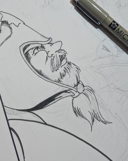 Work in progress pencil and ink of a male dwarf in a helmet. He has a bushy mustache and short beard. A micron brand ink pen rests overtop the artwork.