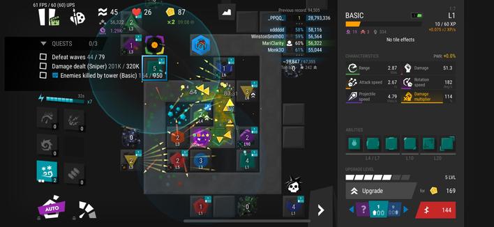 Gameplay of Infinitode 2.
Level 1.8 in progress, currently on wave 45. 
The daily loot objective is to reach a cumulative total of 950 enemies destroyed with the Basic tower type. So far, 154 enemies have been killed with Basic towers.