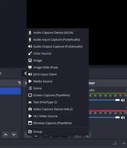 List of sources in OBS, with Browser source missing.