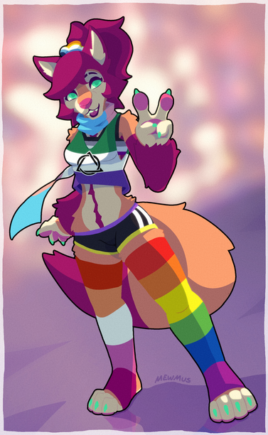 A rusty furred anthro wolf posing. She is making a V sign with her left hand and has a smile on her face. She is wearing a colorful outfit covering in pride flag patterns. Pride flags from top to bottom: AroAce - Hair Tie, Trans - Scarf, Ace - Bra, Therian - Shirt, Non-Binary - Pants, Lesbian - Right Sock, Pride - Left Sock