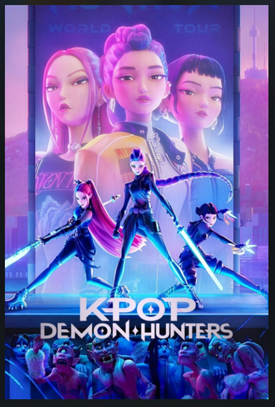 Poster for the Netflix movie Kpop Demon Hunters with the main lead, Rumi, standing on a stage holding a sword, flanked on each side by her group mates. The stage is in front of a poster for their girl group, and in front and lower than the stage are demons