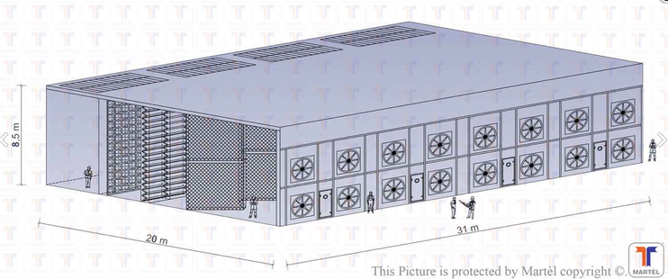 A diagram from Italian manufacturer of a mega-AHU, showing the scale of what's possible, 20m x 30m x 8.5m.