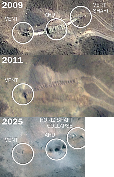 Comparison showing satellite images from 2009, 2011, and 2025, showing the relationship of vent, shaft, and AHUs, with the most recent satellite capture showing 3 holes right over the AHUs and to the right, the outline of a collapsed horizontal shaft corresponding to what was exposed during the 2009 construction.