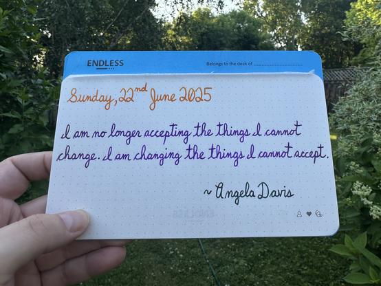 A pen quote of Angela Davis that reads, “I am no longer accepting the things l cannot change. I am changing the things I cannot accept.”

Written using Pilot Iroshizuku To-Ro, Waterman Tender Purple & Lamy Petrol.