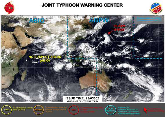 ABPW10 PGTW 221500
MSGID/GENADMIN/JOINT TYPHOON WRNCEN PEARL HARBOR HI//
SUBJ/SIGNIFICANT TROPICAL WEATHER ADVISORY FOR THE WESTERN AND SOUTH 
PACIFIC OCEANS REISSUED/221500Z-230600ZJUN2025//
REF/A/MSG/JOINT TYPHOON WRNCEN PEARL HARBOR HI/221351ZJUN2025//
AMPN/REF A IS A TROPICAL CYCLONE WARNING.//
RMKS/
1. WESTERN NORTH PACIFIC AREA (180 TO MALAY PENINSULA):
   A. TROPICAL CYCLONE SUMMARY:
      (1) AT 22JUN25 1200Z, TROPICAL DEPRESSION 02W (TWO) WAS LOCATED 
NEAR 23.2N 145.9E, APPROXIMATELY 270 NM EAST-SOUTHEAST OF IWO TO, AND 
HAD TRACKED NORTHWESTWARD AT 05 KNOTS OVER THE PAST SIX HOURS. MAXIMUM 
SUSTAINED SURFACE WINDS WERE ESTIMATED AT 30 KNOTS GUSTING TO 40 KNOTS. 
SEE REF A (WTPN31 PGTW 221500) FOR FURTHER DETAILS.
      (2) NO OTHER TROPICAL CYCLONES.
   B. TROPICAL DISTURBANCE SUMMARY:
      (1) THE AREA OF CONVECTION (INVEST 95W) PREVIOUSLY LOCATED NEAR 
22.8N 146.2E IS NOW THE SUBJECT OF A TROPICAL CYCLONE WARNING. SEE PARA. 
1.A.(1) FOR FURTHER DETAILS. 
      (2) NO OTHER SUSPECT AREAS.
   C. SUBTROPICAL SYSTEM SUMMARY: NONE.
2. SOUTH PACIFIC AREA (WEST COAST OF SOUTH AMERICA TO 135 EAST):
   A. TROPICAL CYCLONE SUMMARY: NONE.
   B. TROPICAL DISTURBANCE SUMMARY: NONE.
   C. SUBTROPICAL SYSTEM SUMMARY: NONE.
3. JUSTIFICATION FOR REISSUE: UPGRADED AREA IN PARA 1.B.(1) TO WARNING 
STATUS.////
NNNN
