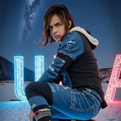 Juanatari, artista musical multigénero, posando en cuclillas con un atuendo andrógino casual.