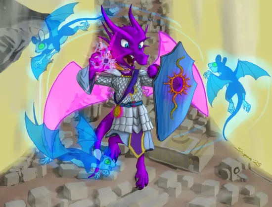 A purple kobold cleric with bright blue eyes flies on pink spectral wings, preparing to cast some sort of magic with his raised claw. Around him blue spectral wynlings fly in a circle as his spirit guardians. He holds up his shield with his other arm, which is emblazoned with the symbol of his goddess, Astilabor. He's wearing scale mail, and he has a glowing pocketwatch pendant on a sash strapped around him, which is responsible for his flight abilities. Behind him, the arc of the toroidal city of Sigil rises, revealing that the entire scene is taking place sideways in the Outlands at the nexus of the D&D multiverse.