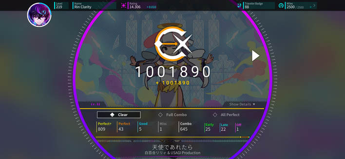 "Tenshi de Aretara" (machine TL: "If I could be an angel") by Shiroyuki Lily & USAGI Production; chart IV rated 12.
1,001,890 points and rank EX.
Missed the full combo by 1 note.
First try.