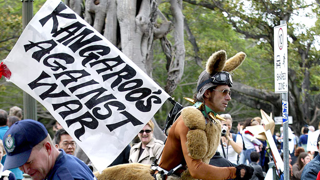 internet protest photo with a person dressed up as kangaroo and a sign saying "Kangaroos against War"