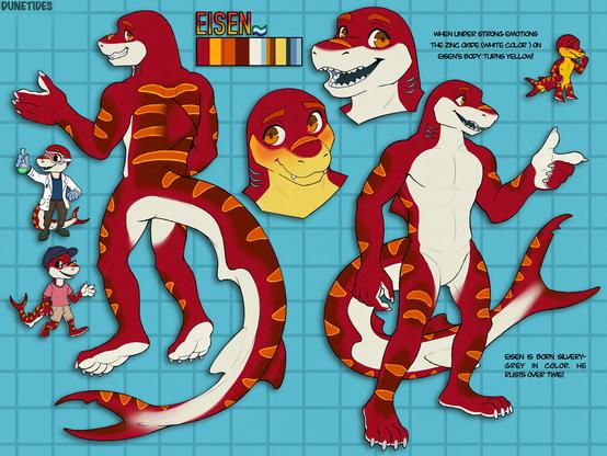 A reference sheet drawing of a character called Eisen!

It shows a front and back, two headshots, 3 chibis of a red, orange-striped shark! They've got a white undercoat, blue gills, sharp teeth, and orange eyes. The two chibis on the left show him wearing a laboratory outfit, holding a vial up, and another underneath where he's wearing a casual outfit!

On the top right it says: "When under strong emotions, the zinc oxide (white color) on Eisen's body turns yellow!"

On the bottom right it says: "Eisen is born silvery-grey in color, he rusts over time!"

On the top middle, it's says his name ("Eisen") with a palette underneath, and a gay flag next to it!
