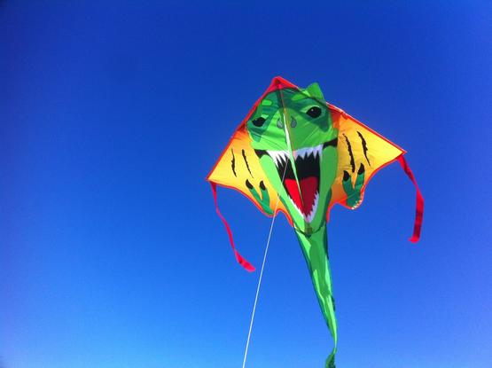 A kite with a green dinosaur roaring.