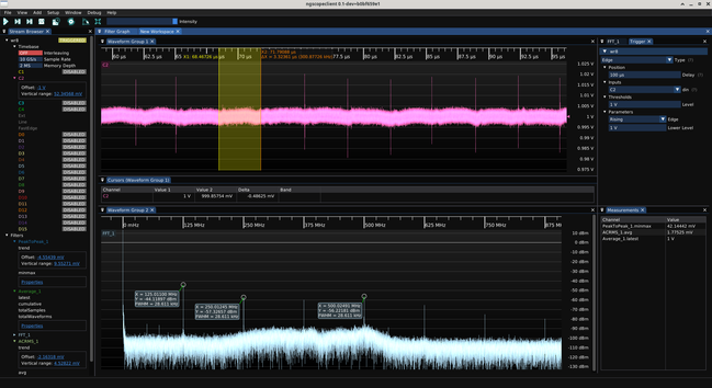 Long shot of rail showing sharp switching spikes at the 300 kHz switching frequency
