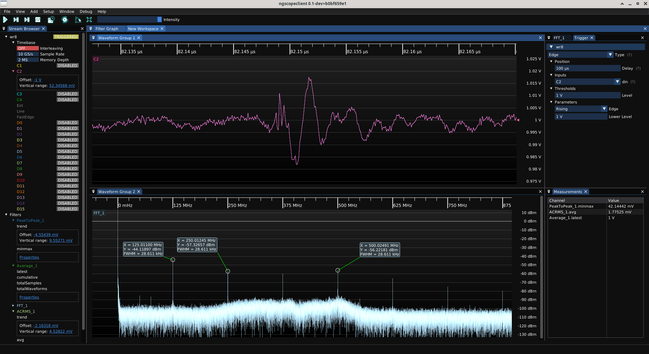 Switching transient waveform seen up close - a small climb and sharp dip, sharp peak, then damping out