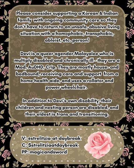 Please consider supporting a Korean & Indian family with ongoing community care so they don't have to return to an unsafe, abusive living situation with a homophobic, transphobic, ableist, etc. person!

Devi is a queer agender Malayalee who is multiply disabled and chronically ill - they are a Mad, AuDHD, Crip. They are mostly house-and bedbound, receiving care and support from a home health aide, and uses a rollator and power wheelchair.

In addition to Devi's own disability, their children and nesting person are disabled, and their eldest is trans and transitioning.

V: @ strelitzia-at-daybreak

C: $strelitziaatdaybreak

PP: magicandsword