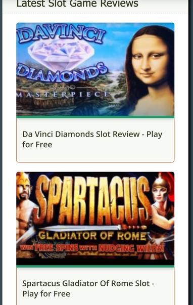 An example of gambling "reviews" on the site: a Da Vinci themed slot machine and a Spartacus themed slot machine. Spoiler, both get glowing reviews.