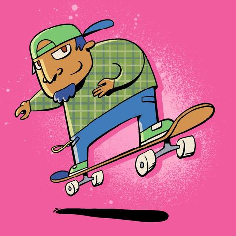A cartoon illustration of a man doing a jump on a skateboard. The man is squat and wide, and has his head hunched down, his front arm over his chest, and his back arm trailing behind. He is looking towards the viewer and smiling. He has a medium complexion, red eyes, and muted blue hair. He is wearing a backwards green ballcap with a blue bill that curls up at the end, a plaid green shirt, blue jeans, and green shoes that match his hat. He has a pocket chain hanging out, waving in the air. His skateboard is orange with a blue top and white wheels. The background is pink with a lighter pink splotch of spray paint over it.