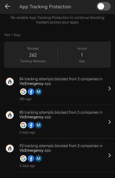 Screenshot of duckduckgo app tracking blocker. Shows all 262 blocked tracking attempts in the last week have been related to the vic emergency app.