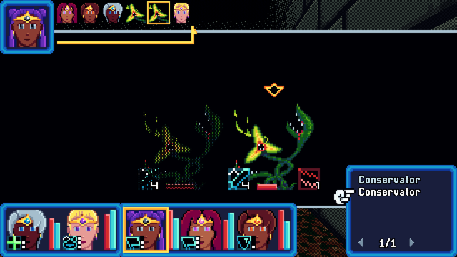 First-person RPG combat featuring five character portraits at the bottom and two carnivorous plant monsters in the center.  One of the enemies is dithered, the other is highlighted with a cursor.  The new health bars mentioned in the post are shaded to look like 3D blocks that get shorter as HP or MP are depleted.  The enemies have horizontal red bars, the players have vertical red and blue bars.