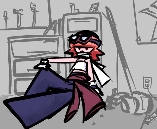 epiphyll with their coat wrapped around their waist, sitting against a shelf in their room. the shelf is covered in books and has a sledgehammer leaning against it. there is a tool pinboard and poster on the wall.