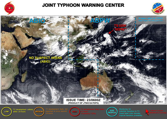 ABPW10 PGTW 230600
MSGID/GENADMIN/JOINT TYPHOON WRNCEN PEARL HARBOR HI//
SUBJ/SIGNIFICANT TROPICAL WEATHER ADVISORY FOR THE WESTERN AND SOUTH 
PACIFIC OCEANS 230600Z-240600ZJUN2025//
REF/A/MSG/JOINT TYPHOON WRNCEN PEARL HARBOR HI/230151ZJUN2025//
AMPN/REF A IS A TROPICAL CYCLONE WARNING.//
RMKS/
1. WESTERN NORTH PACIFIC AREA (180 TO MALAY PENINSULA):
   A. TROPICAL CYCLONE SUMMARY:
      (1) AT 23JUN25 0000Z, TROPICAL STORM 02W (SEPAT) WAS LOCATED NEAR 
24.6N 144.7E, APPROXIMATELY 186 NM EAST OF IWO TO, AND HAD TRACKED 
NORTHWESTWARD AT 10 KNOTS OVER THE PAST SIX HOURS. MAXIMUM SUSTAINED 
SURFACE WINDS WERE ESTIMATED AT 35 KNOTS GUSTING TO 45 KNOTS. SEE REF A 
(WTPN31 PGTW 230300) FOR FURTHER DETAILS.
      (2) NO OTHER TROPICAL CYCLONES.
   B. TROPICAL DISTURBANCE SUMMARY: NONE.
   C. SUBTROPICAL SYSTEM SUMMARY: NONE.
2. SOUTH PACIFIC AREA (WEST COAST OF SOUTH AMERICA TO 135 EAST):
   A. TROPICAL CYCLONE SUMMARY: NONE.
   B. TROPICAL DISTURBANCE SUMMARY: NONE.
   C. SUBTROPICAL SYSTEM SUMMARY: NONE.//
NNNN