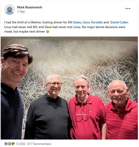 A group photograph featuring Linus Torvalds, Bill Gates, Dave Cuttler and Mark Russinovich