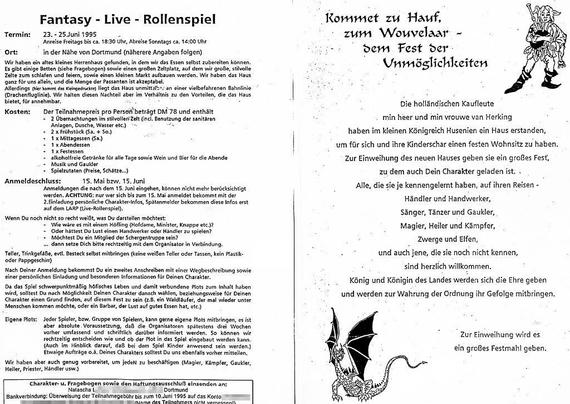 Scan einer altmodischen, papierbasierten Con-Einladung, die eine Veranstaltung auf Haus Husen in Dortmund vom 23.06. - 25.06.1995 bewirbt.