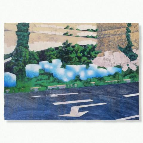 Painting by Aurel Porté depicting a roadside embankment.  The site is scattered with large blocks that evoke strange minimalist sculptures or a modern ruin. These blocks are in fact intended to prevent the settlement of the poorest populations. They are quite common in the Paris region. Here, they are rendered in a vivid blue to emphasize the surreal quality of the scene.